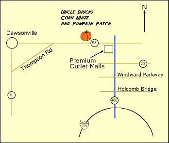 Map to Uncle Shucks, Dawsonville, Georgia